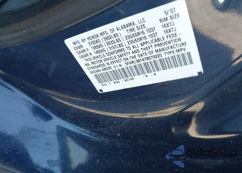 2007 Honda Odyssey Ex-L z USA, uszkodzony, nr VIN 5FNRL38747B079220